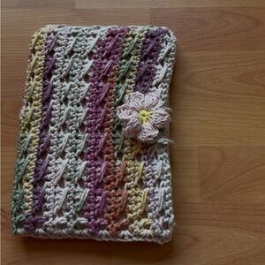 Handmade Multicolor Crochet Book Sleeve with Flower Accent